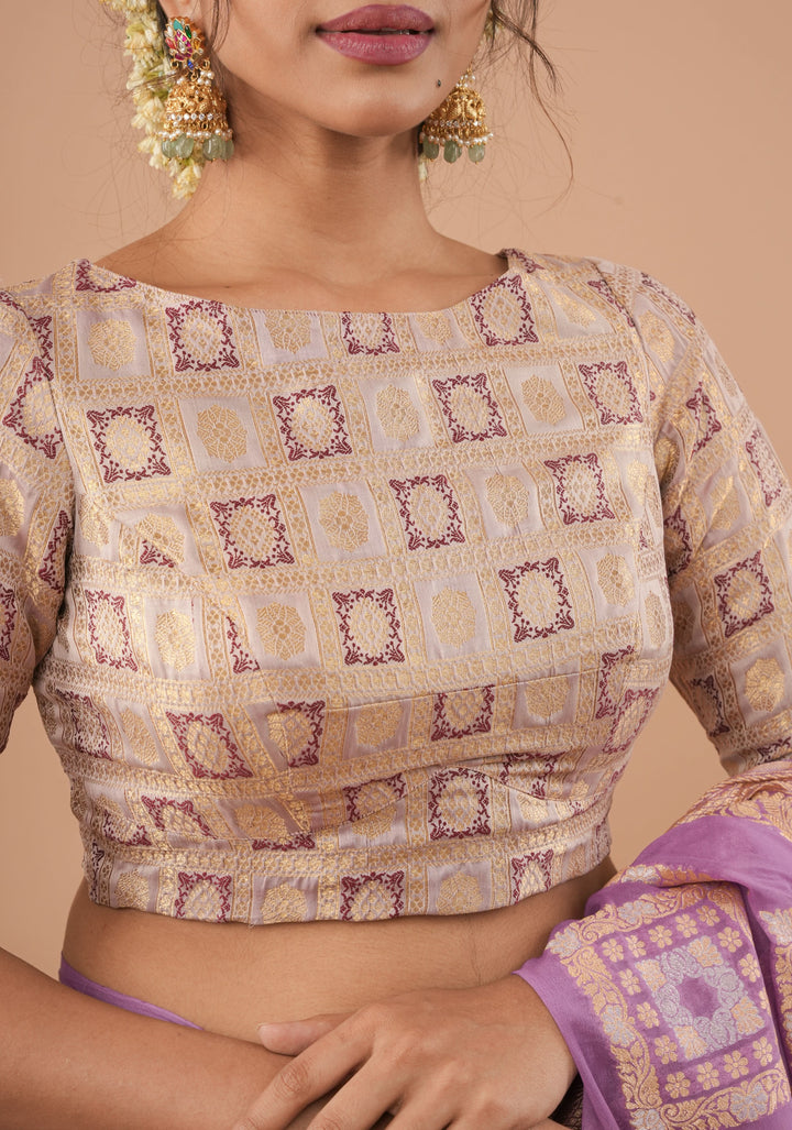 Lilac Patola Banarasi Brocade Blouse with Boat Neck and Back Step Neck, Customizable, Made to Order
