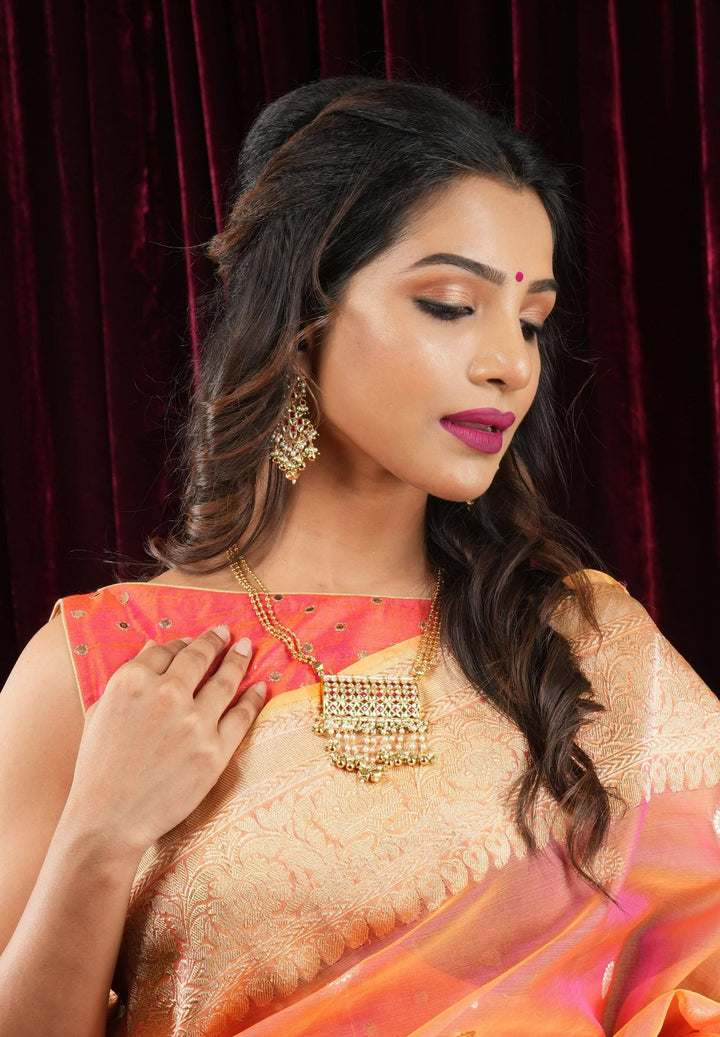 Kundan Meena Rectangular Pendant Neclace and earrings set | Shobitam Jewelry