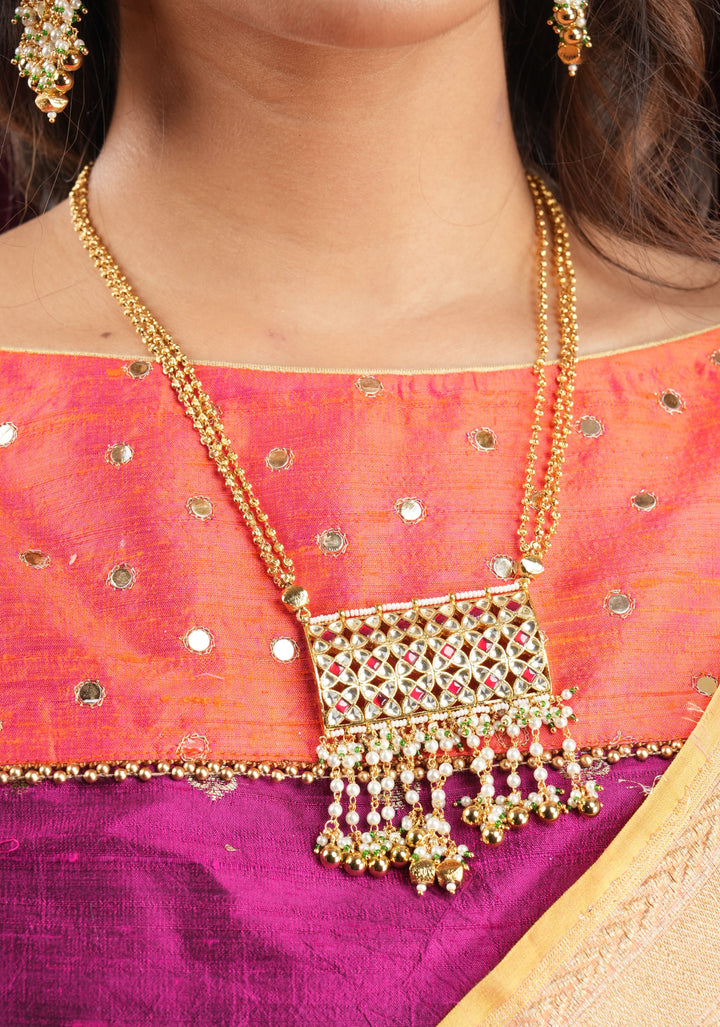 Kundan Meena Rectangular Pendant Neclace and earrings set | Shobitam Jewelry