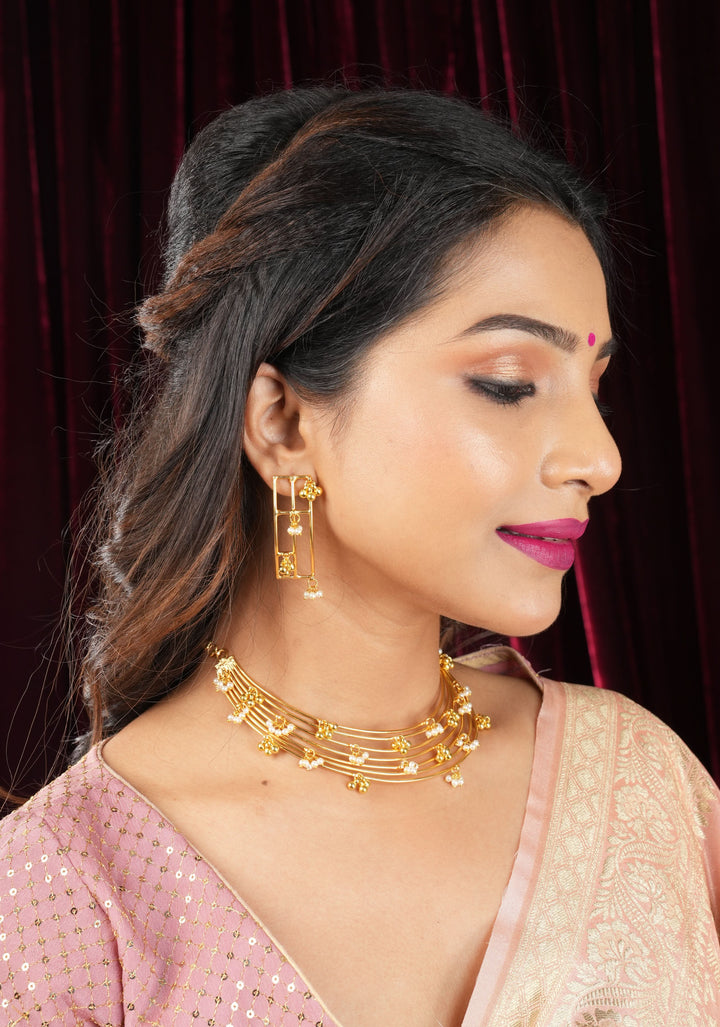 Statement Multi-wire design Neckpiece and earrings set with Dangling Beads | Shobitam Jewelry