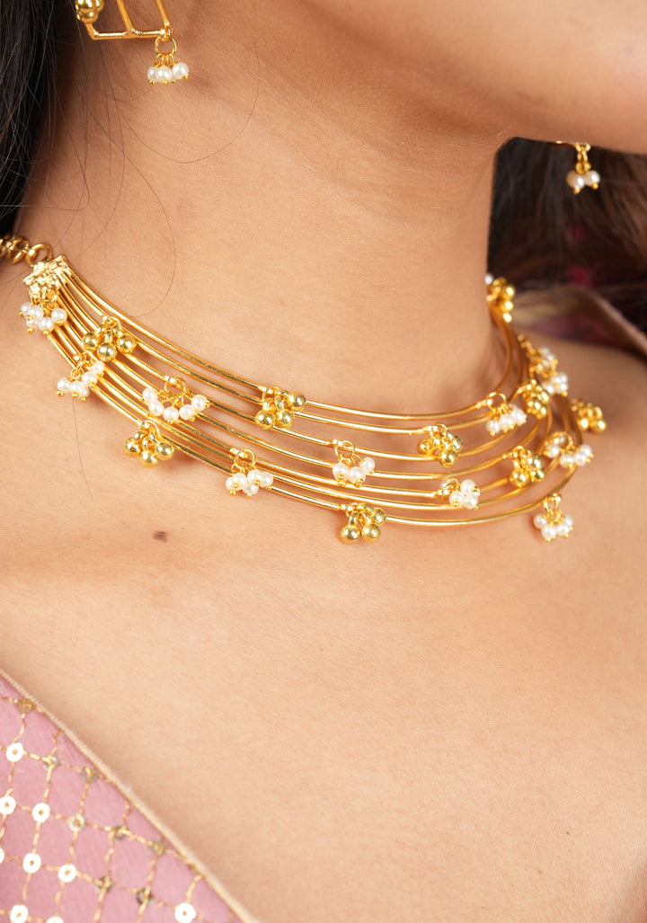 Statement Multi-wire design Neckpiece and earrings set with Dangling Beads | Shobitam Jewelry