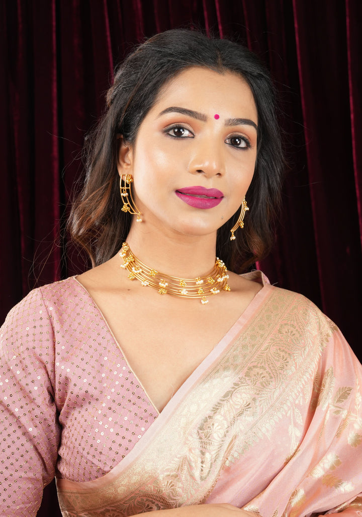 Statement Multi-wire design Neckpiece and earrings set with Dangling Beads | Shobitam Jewelry