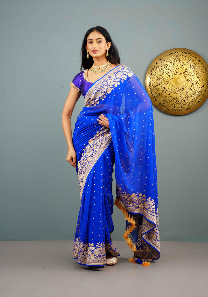 Blue Pure Silk Chiffon Saree with Zari Buttas and Elongated Floral in Pallu | SILK MARK CERTIFIED