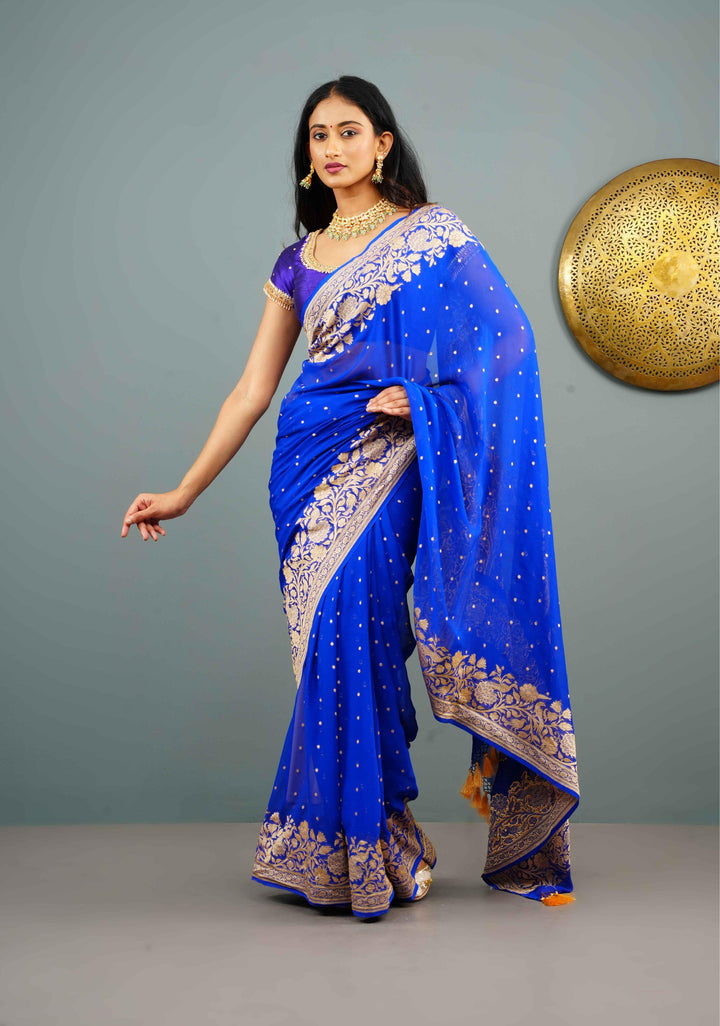 Blue Pure Silk Chiffon Saree with Zari Buttas and Elongated Floral in Pallu | SILK MARK CERTIFIED