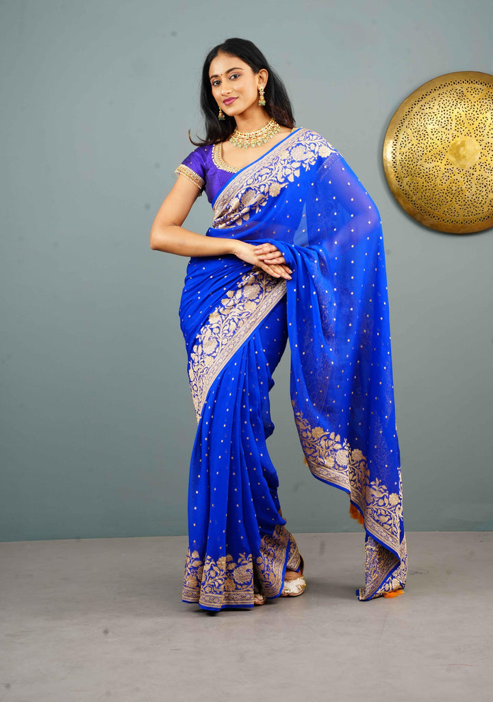 Blue Pure Silk Chiffon Saree with Zari Buttas and Elongated Floral in Pallu | SILK MARK CERTIFIED