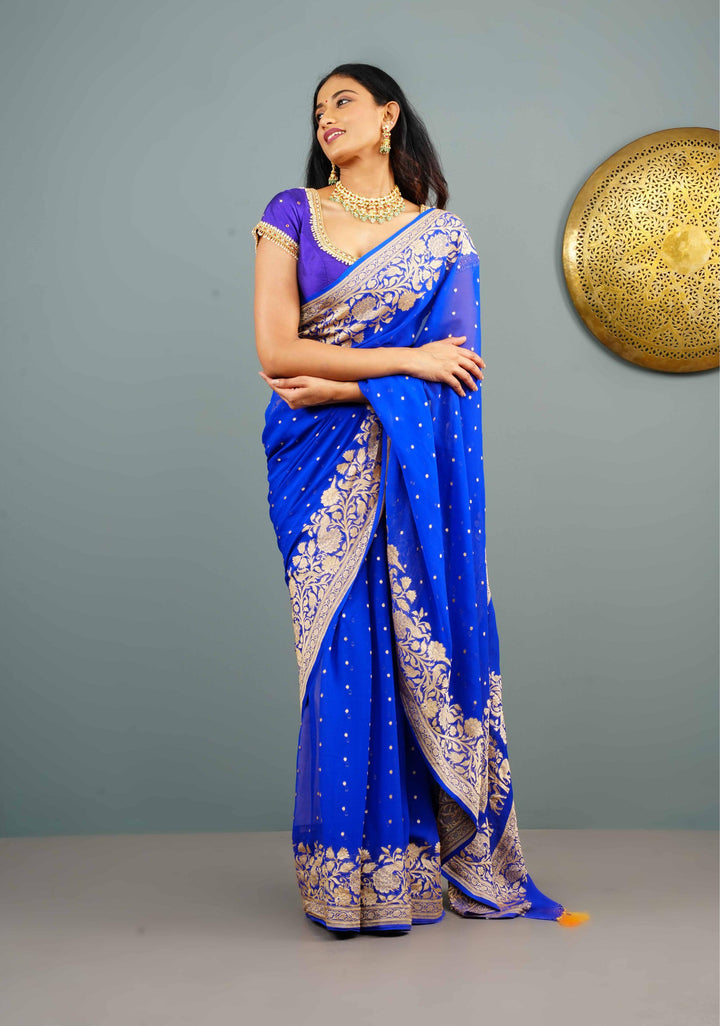 Blue Pure Silk Chiffon Saree with Zari Buttas and Elongated Floral in Pallu | SILK MARK CERTIFIED