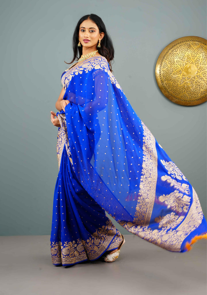Blue Pure Silk Chiffon Saree with Zari Buttas and Elongated Floral in Pallu | SILK MARK CERTIFIED