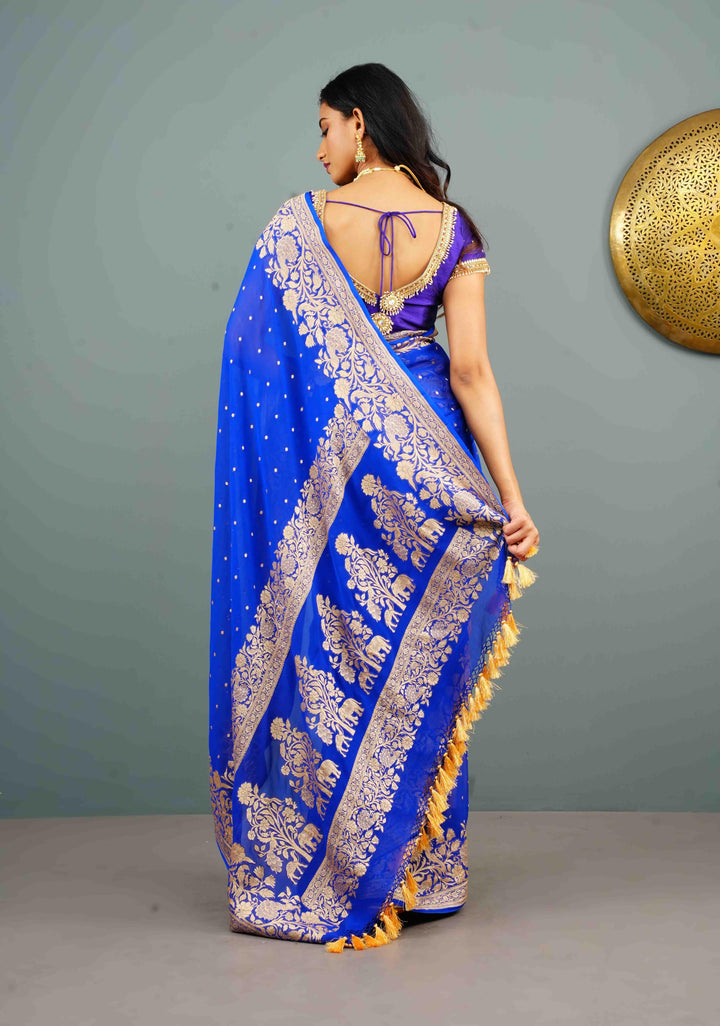 Blue Pure Silk Chiffon Saree with Zari Buttas and Elongated Floral in Pallu | SILK MARK CERTIFIED