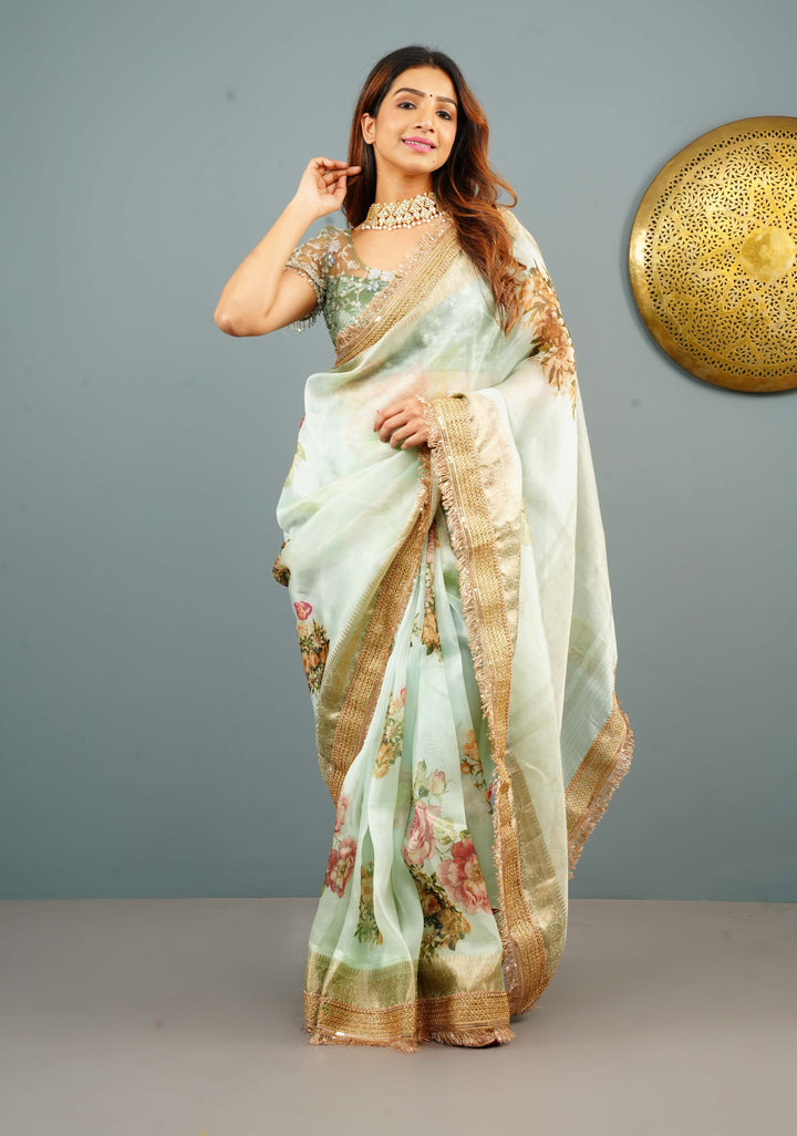 Light Mint Green Pure Organza Silk Saree with Floral Digital Print and Lace Trim Border | SILK MARK CERTIFIED