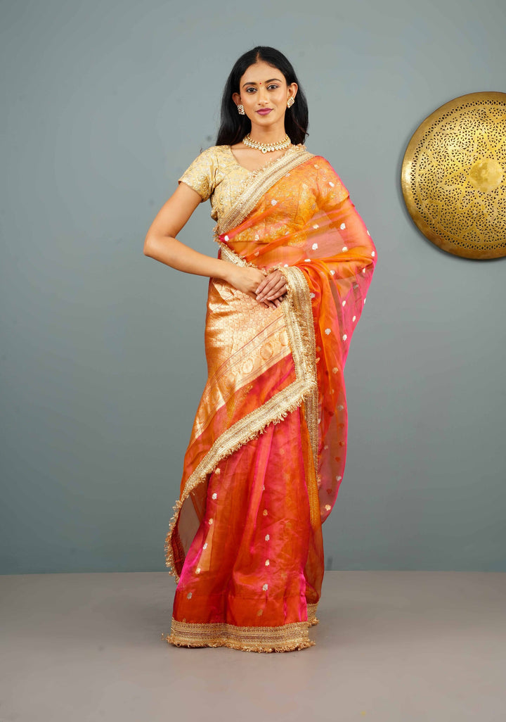 Orange Dual tone Organza Silk Saree with Sona Rupa Zari Buttas and Lace Trim Border | SILK MARK CERTIFIED