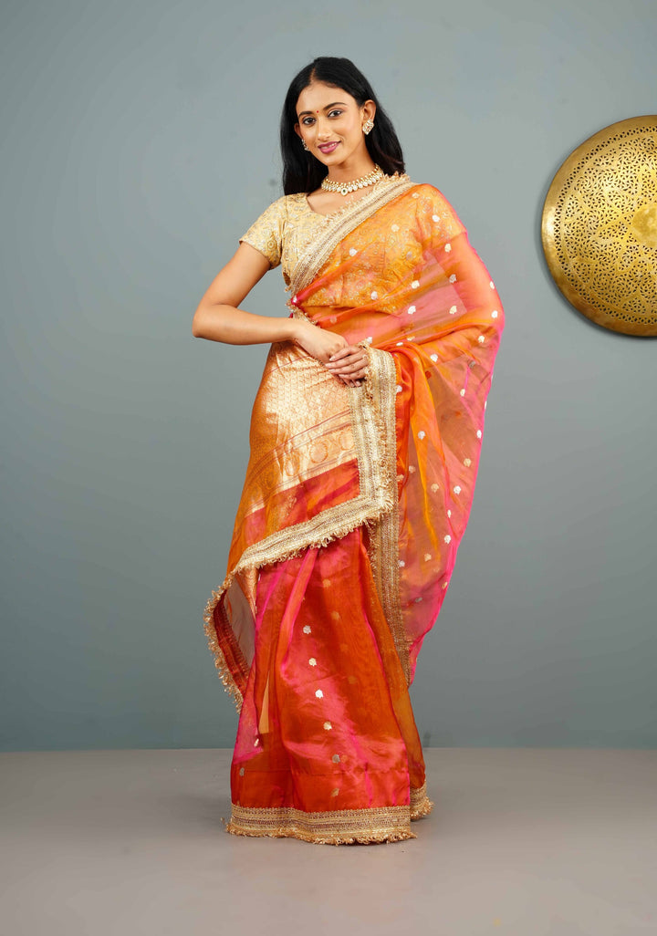 Orange Dual tone Organza Silk Saree with Sona Rupa Zari Buttas and Lace Trim Border | SILK MARK CERTIFIED