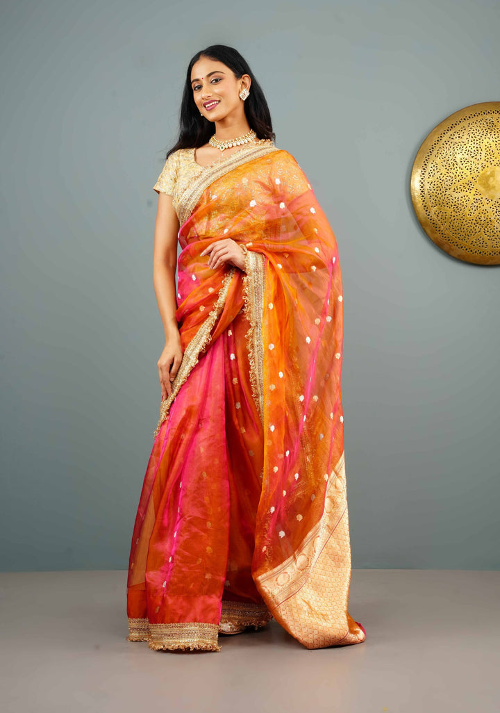 Orange Dual tone Organza Silk Saree with Sona Rupa Zari Buttas and Lace Trim Border | SILK MARK CERTIFIED