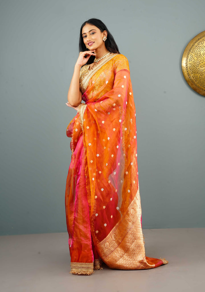 Orange Dual tone Organza Silk Saree with Sona Rupa Zari Buttas and Lace Trim Border | SILK MARK CERTIFIED