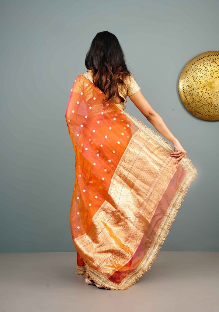 Orange Dual tone Organza Silk Saree with Sona Rupa Zari Buttas and Lace Trim Border | SILK MARK CERTIFIED