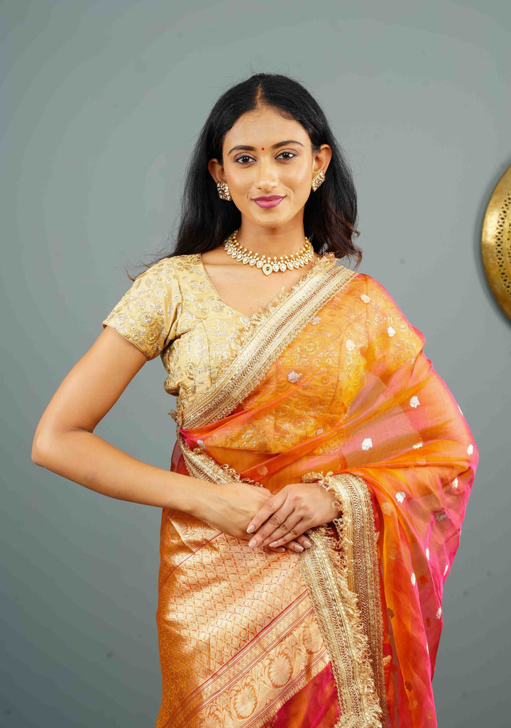 Orange Dual tone Organza Silk Saree with Sona Rupa Zari Buttas and Lace Trim Border | SILK MARK CERTIFIED