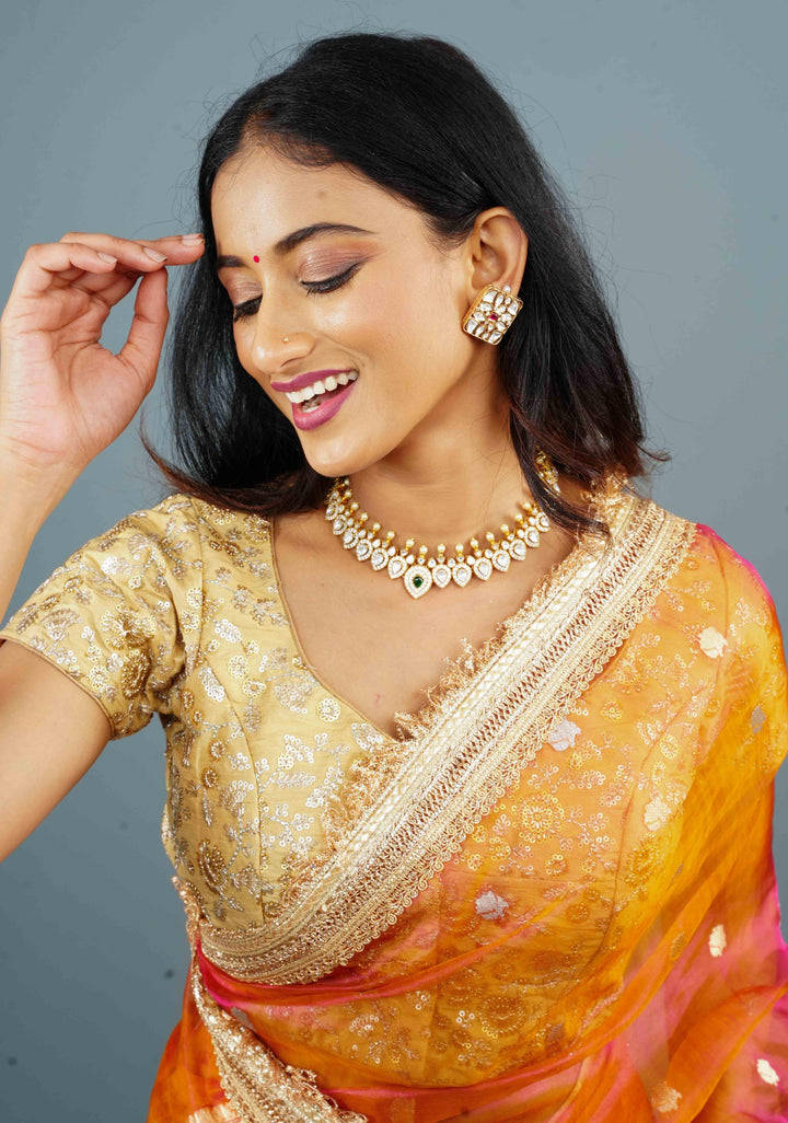 Beige Raw Silk Blouse with Sequins Embroidered Jaal Yoke and arch dome cutout, Customizable, Made to Order