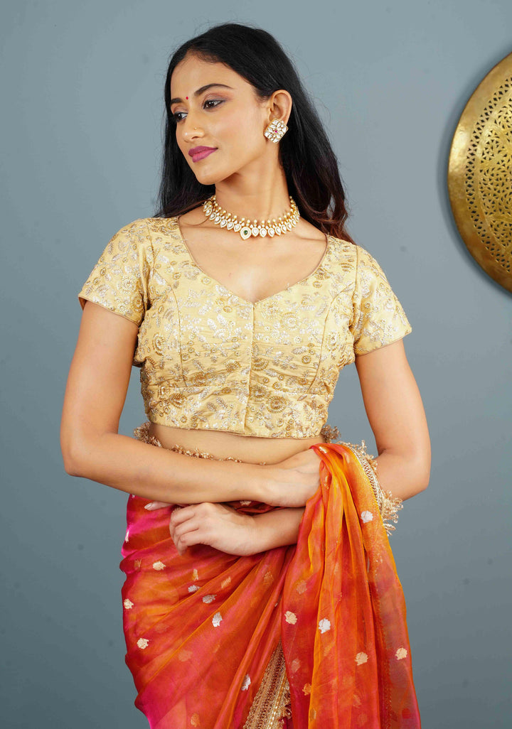 Beige Raw Silk Blouse with Sequins Embroidered Jaal Yoke and arch dome cutout, Customizable, Made to Order