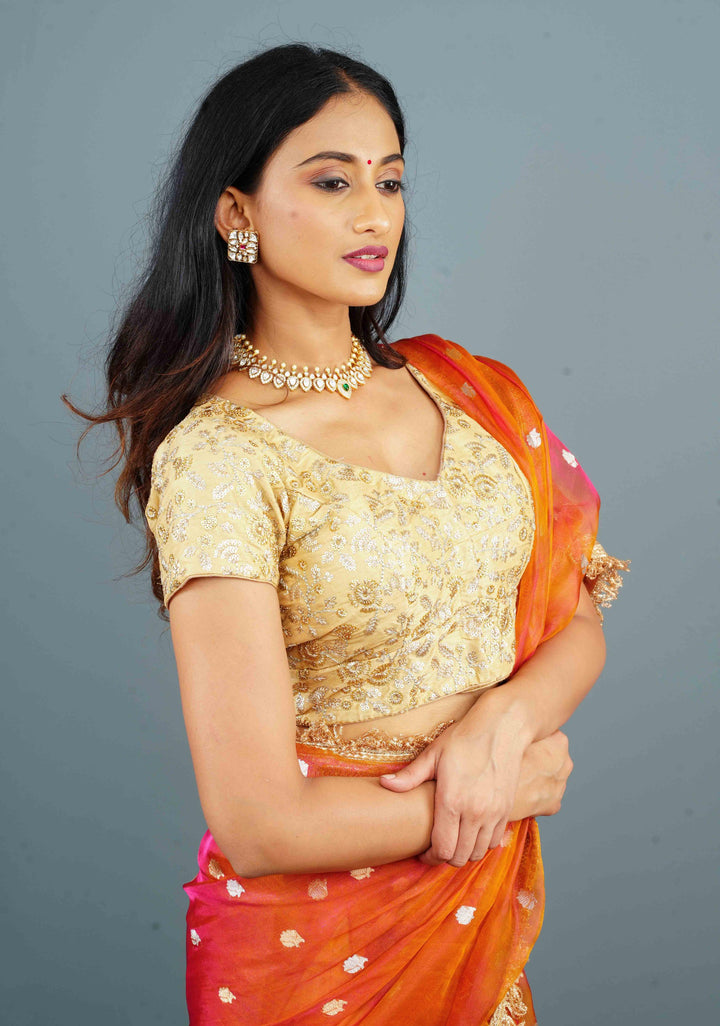 Beige Raw Silk Blouse with Sequins Embroidered Jaal Yoke and arch dome cutout, Customizable, Made to Order