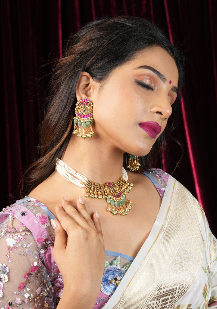 Antique Gold Tone White beads Multistrand Gold Tone Flexible Twin elephant design Simple Necklace Set with sage green dangling beads