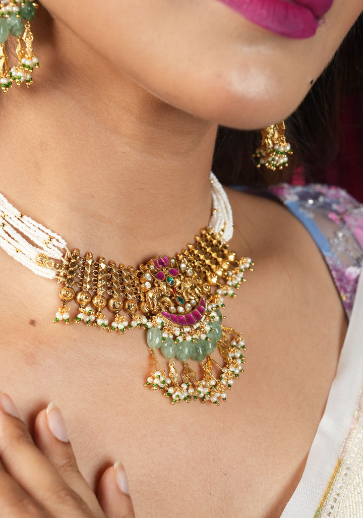 Antique Gold Tone White beads Multistrand Gold Tone Flexible Twin elephant design Simple Necklace Set with sage green dangling beads