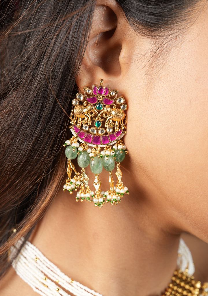 Antique Gold Tone White beads Multistrand Gold Tone Flexible Twin elephant design Simple Necklace Set with sage green dangling beads