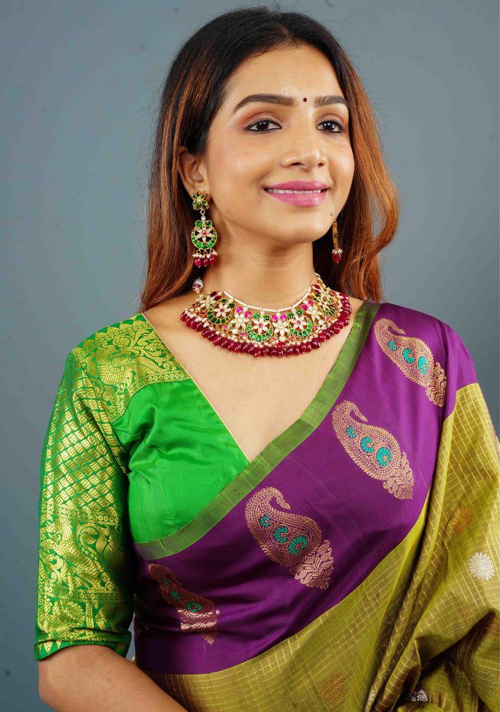 Celestial Ahmedabadi Jadau Necklace and Earrings Set with maroon dangling stones.