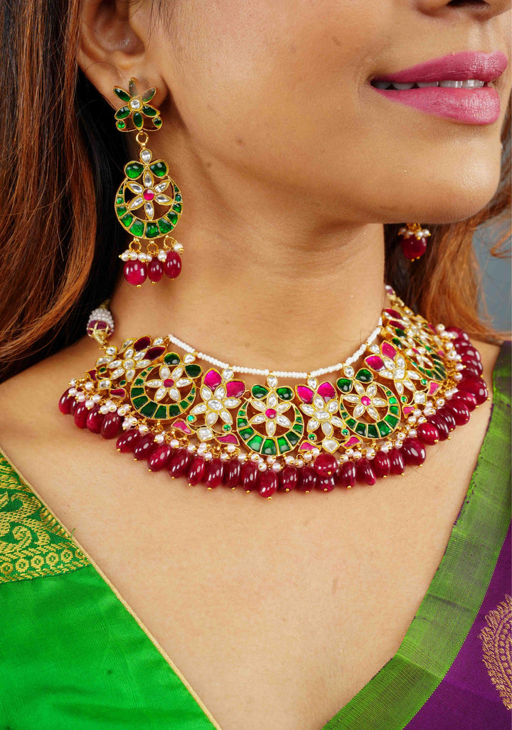 Celestial Ahmedabadi Jadau Necklace and Earrings Set with maroon dangling stones.