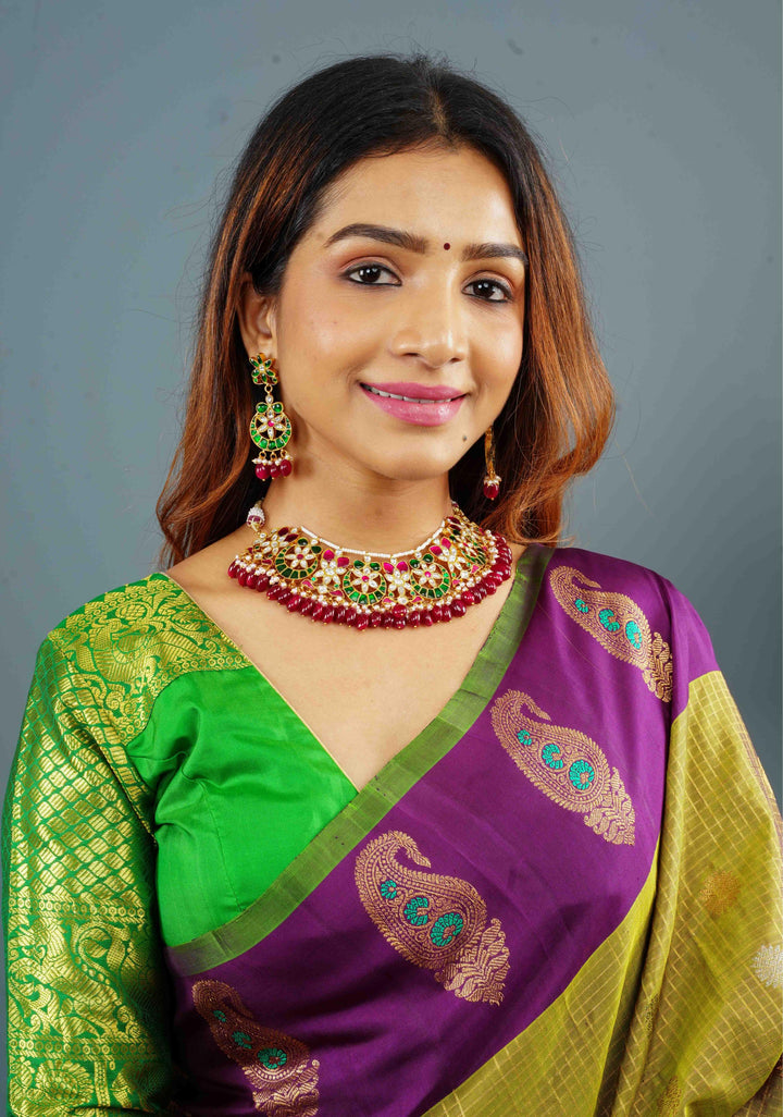 Celestial Ahmedabadi Jadau Necklace and Earrings Set with maroon dangling stones.