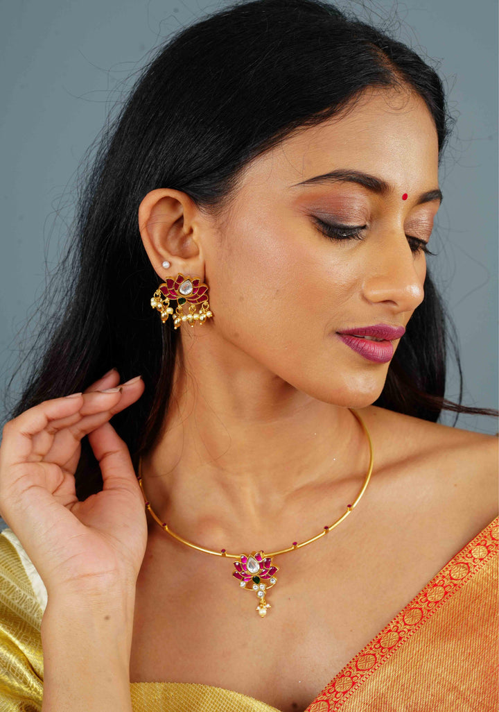 Double Lotus Minimalistic Wire base necklace and earring Set Pink,White and Green Stones | Shobitam Jewelry