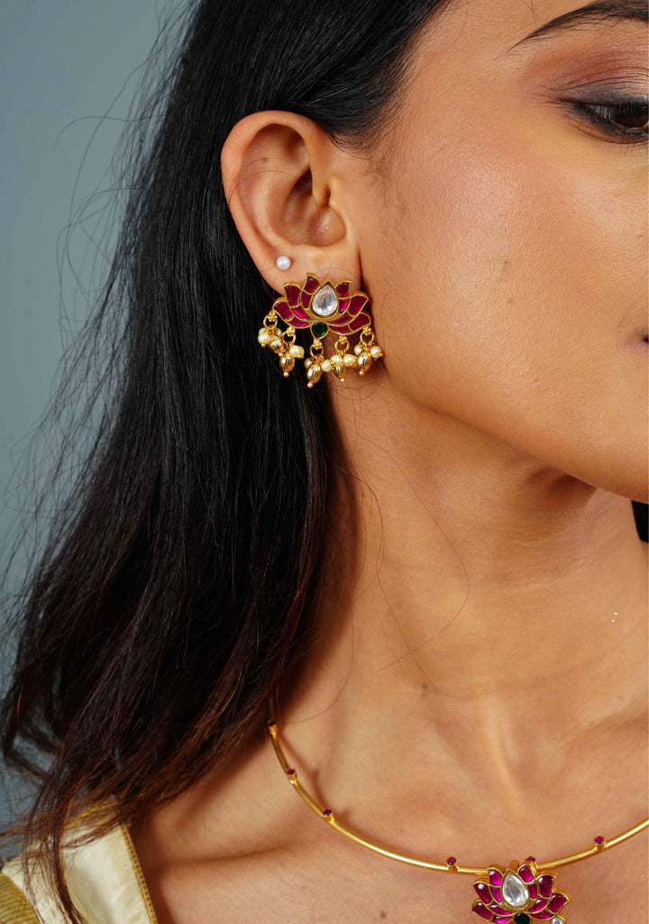 Double Lotus Minimalistic Wire base necklace and earring Set Pink,White and Green Stones | Shobitam Jewelry