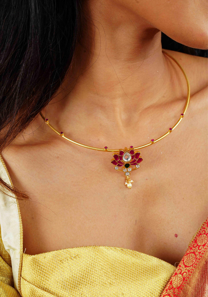 Double Lotus Minimalistic Wire base necklace and earring Set Pink,White and Green Stones | Shobitam Jewelry