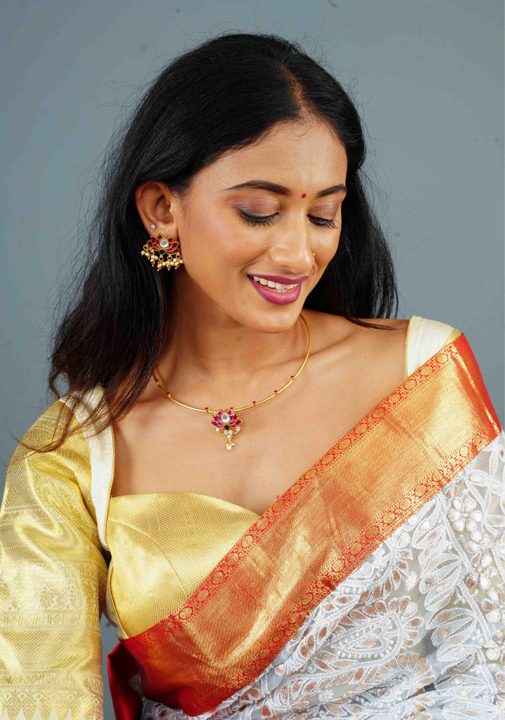 Double Lotus Minimalistic Wire base necklace and earring Set Pink,White and Green Stones | Shobitam Jewelry