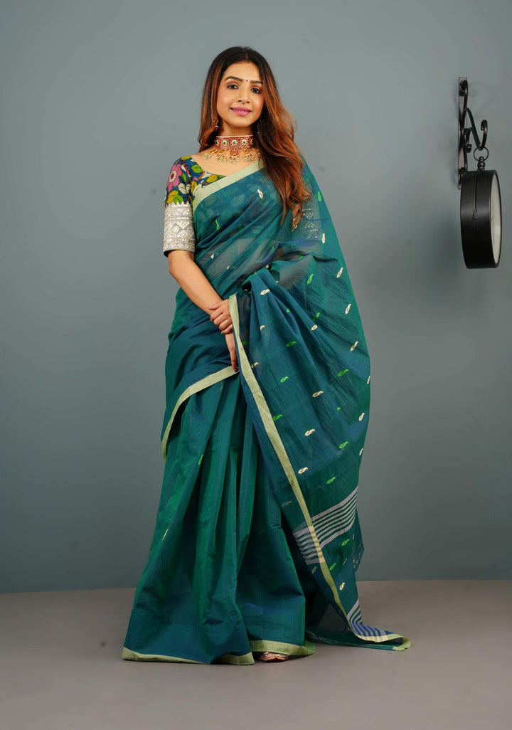 Kenaf Cotton Vegan Handloom Saree in Teal with Meenakari Resham Buttas and Minimal Border (No Blouse Piece)