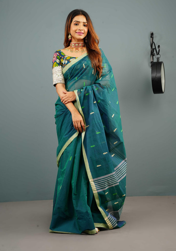 Kenaf Cotton Vegan Handloom Saree in Teal with Meenakari Resham Buttas and Minimal Border (No Blouse Piece)