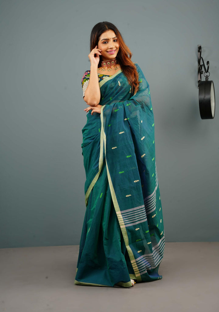 Kenaf Cotton Vegan Handloom Saree in Teal with Meenakari Resham Buttas and Minimal Border (No Blouse Piece)