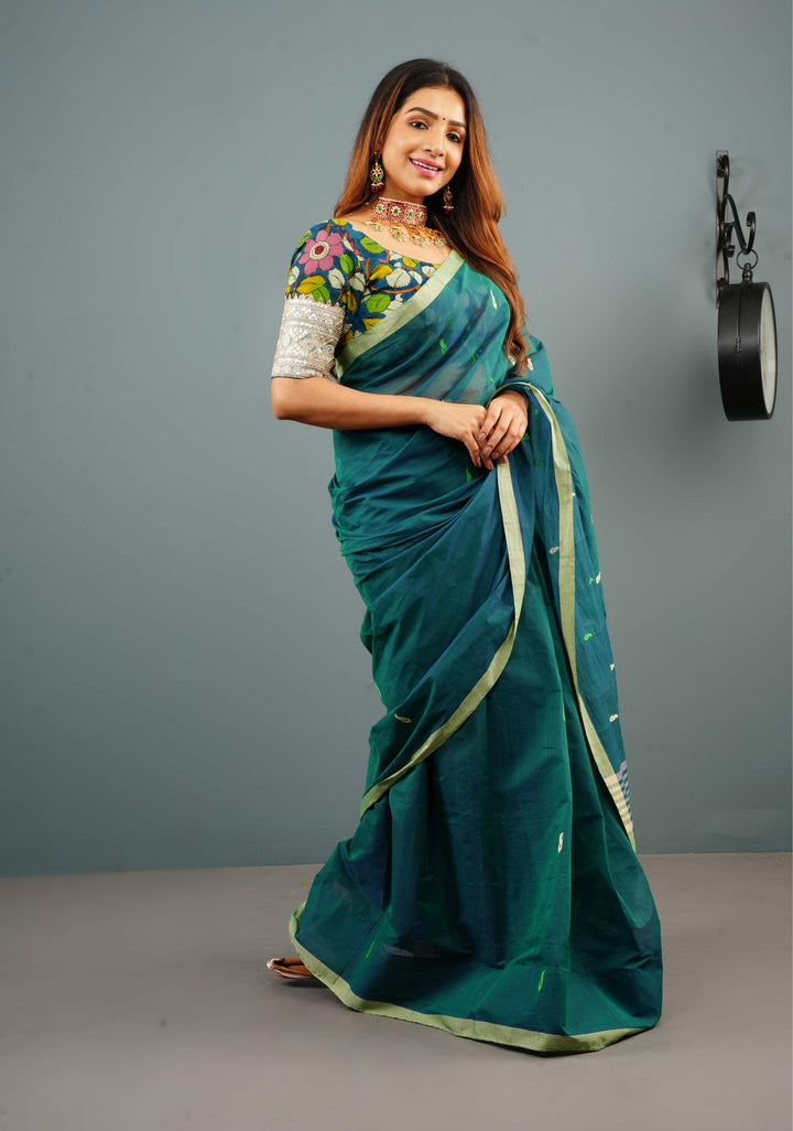 Kenaf Cotton Vegan Handloom Saree in Teal with Meenakari Resham Buttas and Minimal Border (No Blouse Piece)