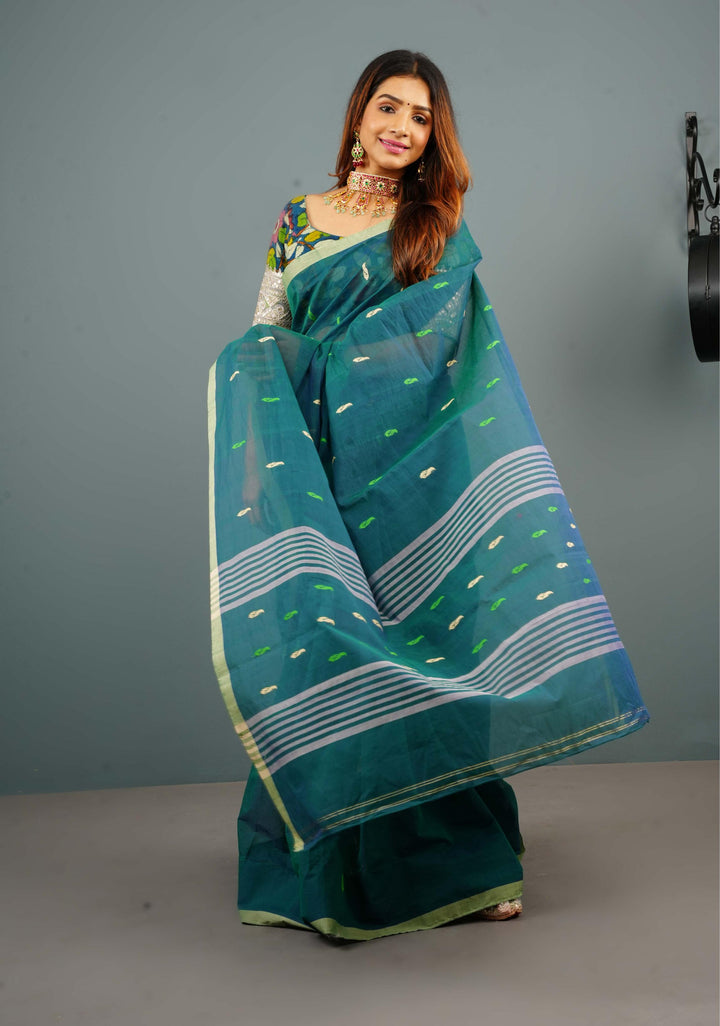 Kenaf Cotton Vegan Handloom Saree in Teal with Meenakari Resham Buttas and Minimal Border (No Blouse Piece)