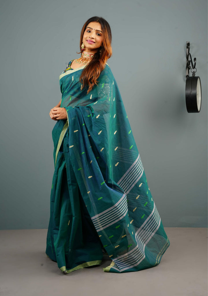 Kenaf Cotton Vegan Handloom Saree in Teal with Meenakari Resham Buttas and Minimal Border (No Blouse Piece)