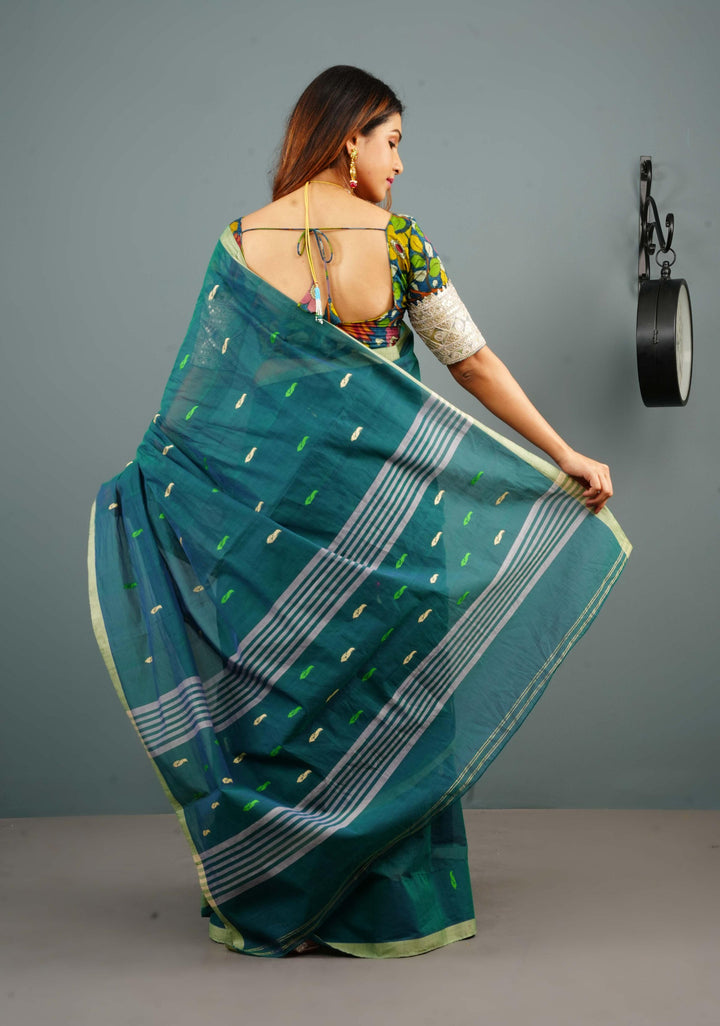 Kenaf Cotton Vegan Handloom Saree in Teal with Meenakari Resham Buttas and Minimal Border (No Blouse Piece)