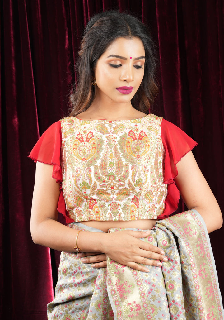 Banarasi Multicolor Brocade Blouse with side frills in Georgette