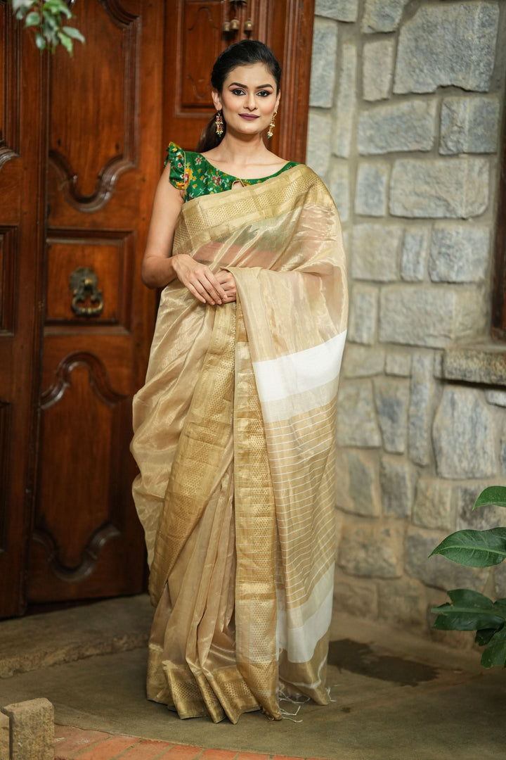 Gorgeous Handwoven Maheshwari Tissue Saree in Gold -Sandalwood with Minimal Zari Borders