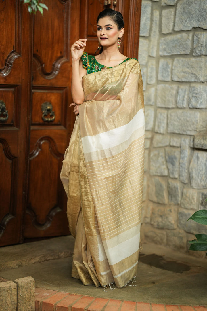 Gorgeous Handwoven Maheshwari Tissue Saree in Gold -Sandalwood with Minimal Zari Borders