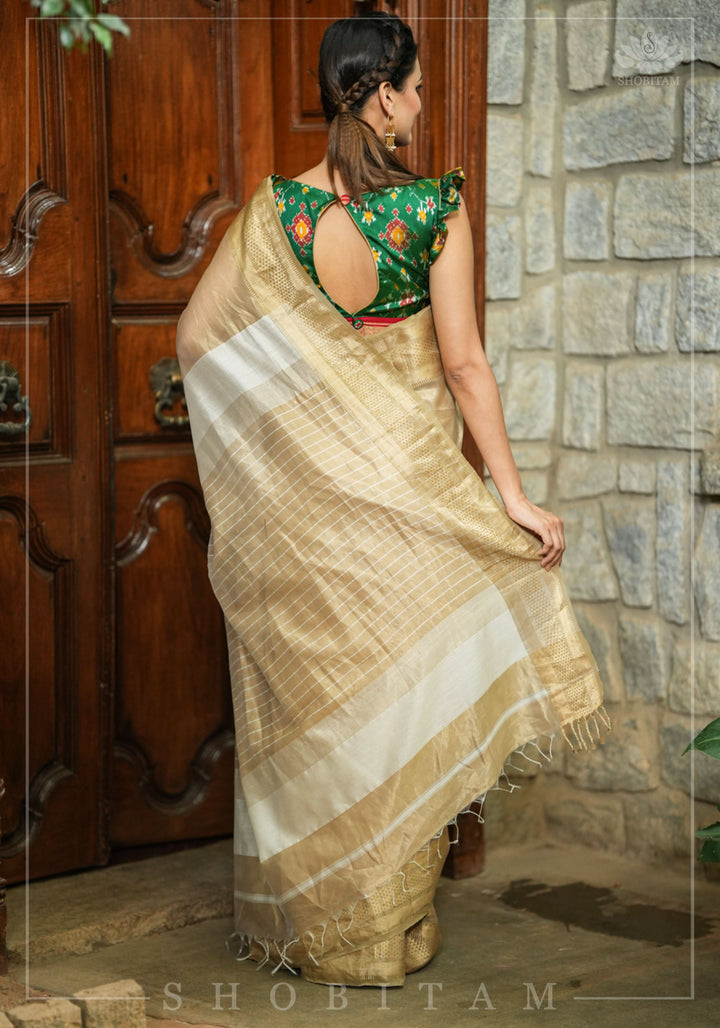 Gorgeous Handwoven Maheshwari Tissue Saree in Gold -Sandalwood with Minimal Zari Borders