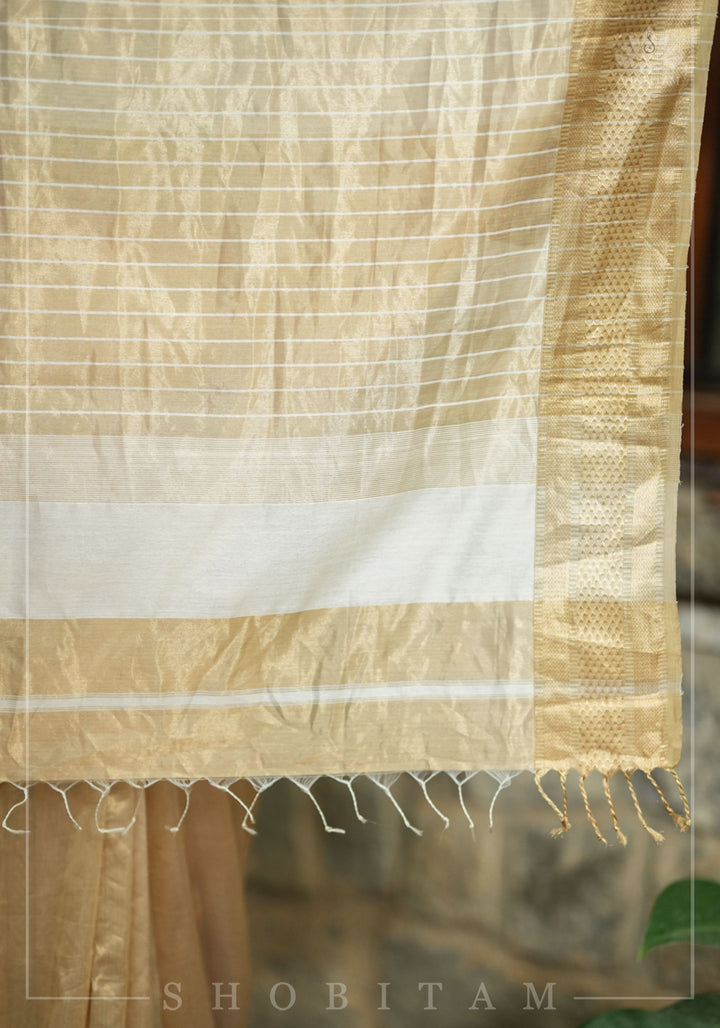 Gorgeous Handwoven Maheshwari Tissue Saree in Gold -Sandalwood with Minimal Zari Borders