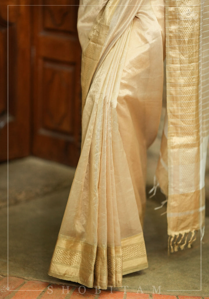 Gorgeous Handwoven Maheshwari Tissue Saree in Gold -Sandalwood with Minimal Zari Borders