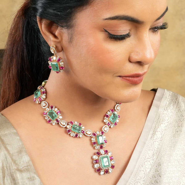 Pure 92.5 silver Green pink and white Victorian Short Necklace Set