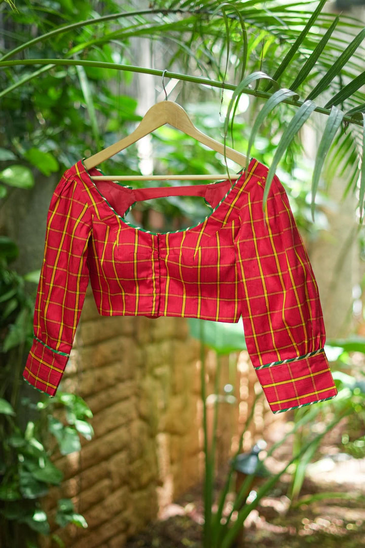 Red checked pure rawsilk u neck blouse with puff sleeves
