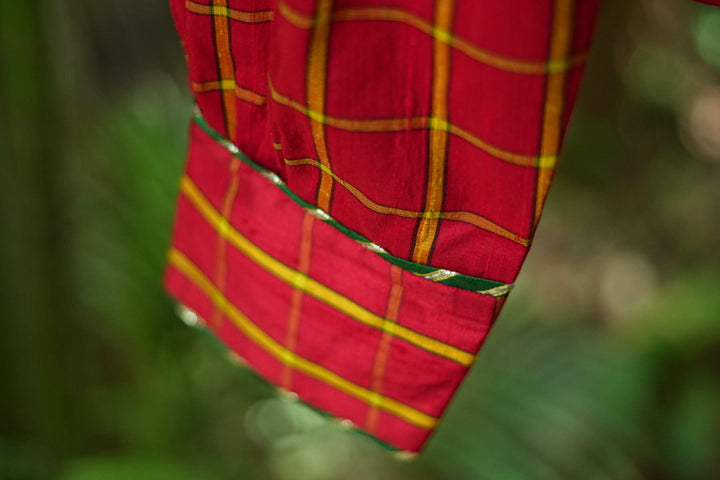 Red checked pure rawsilk u neck blouse with puff sleeves