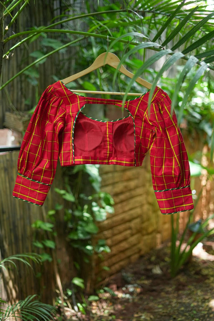 Red checked pure rawsilk u neck blouse with puff sleeves