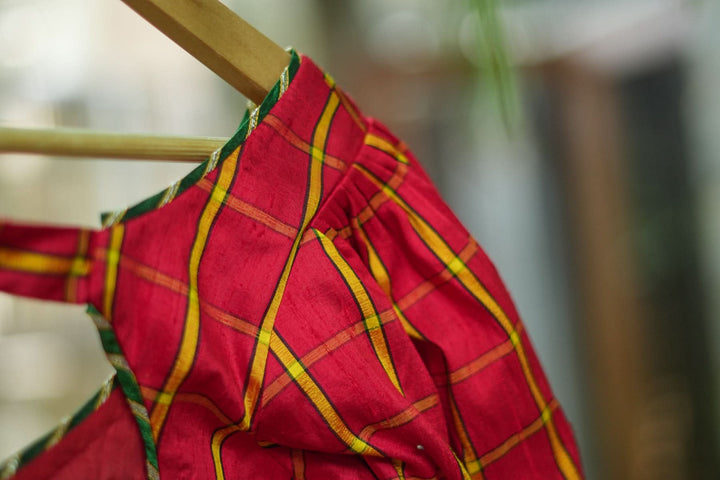 Red checked pure rawsilk u neck blouse with puff sleeves